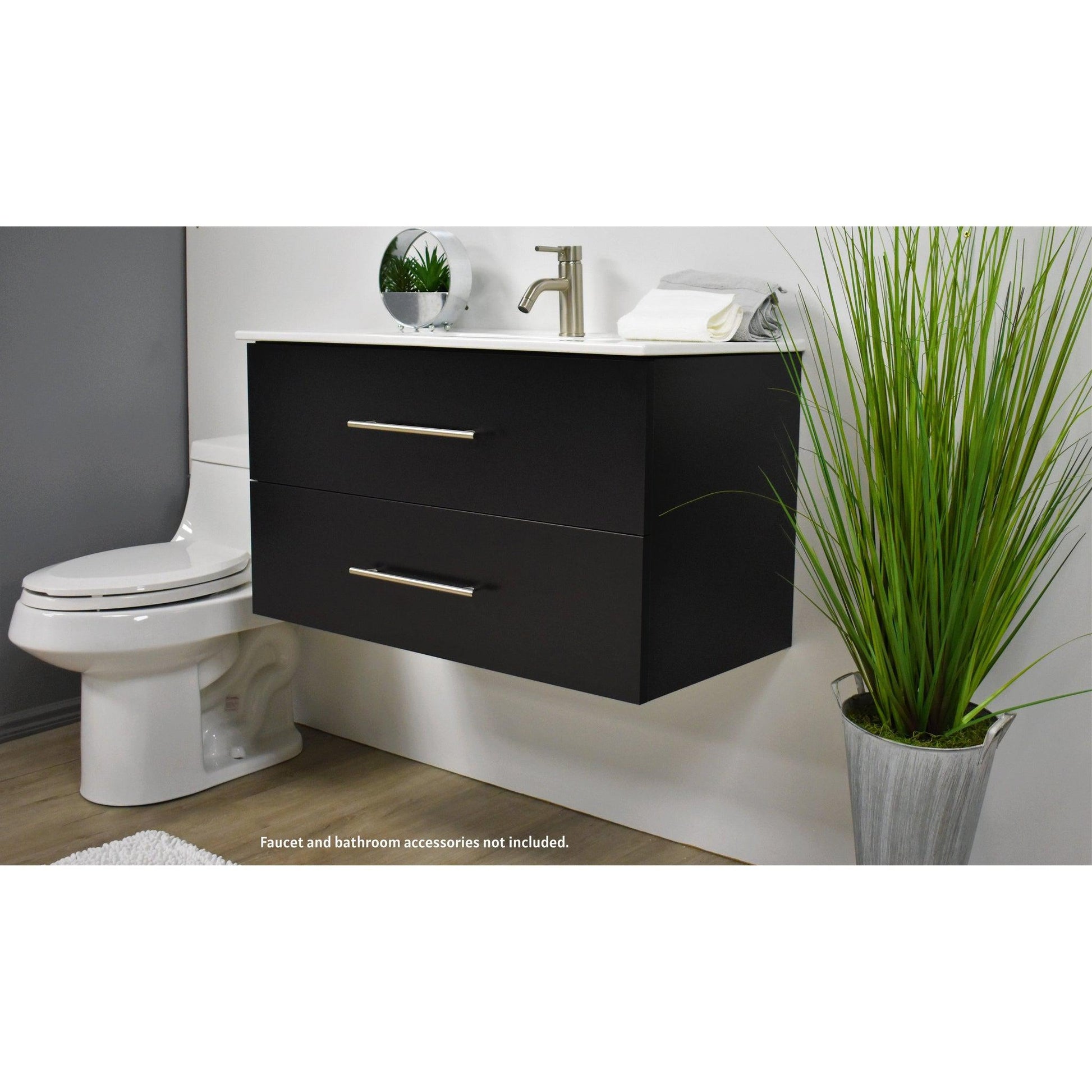 Volpa USA Napa 36" Black Wall-Mounted Floating Modern Bathroom Vanity With Integrated Ceramic Top and Satin Nickel Round Handles