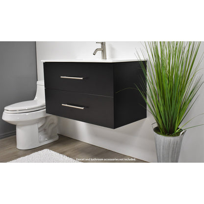 Volpa USA Napa 36" Black Wall-Mounted Floating Modern Bathroom Vanity With Integrated Ceramic Top and Satin Nickel Round Handles