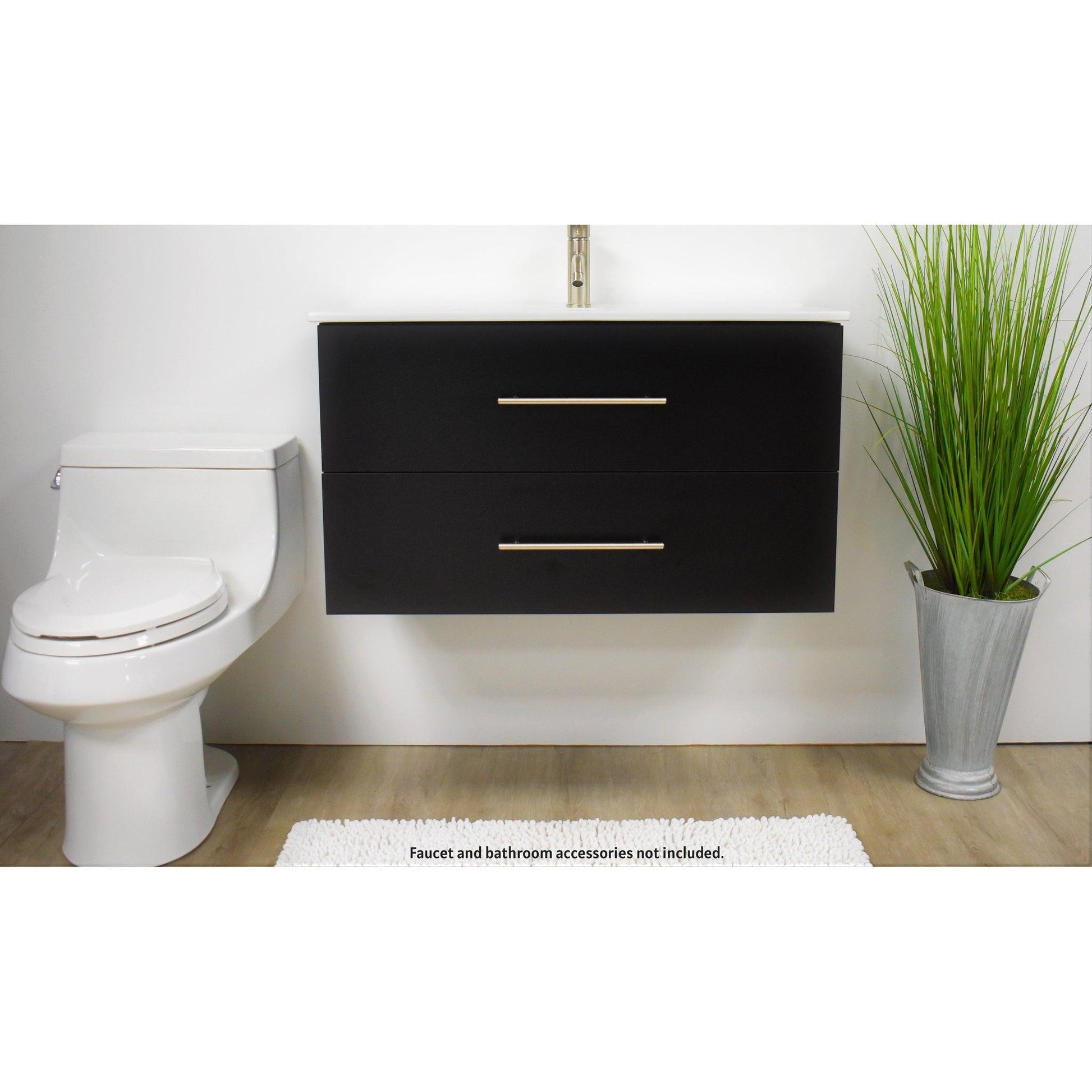 Volpa USA Napa 36" Black Wall-Mounted Floating Modern Bathroom Vanity With Integrated Ceramic Top and Satin Nickel Round Handles