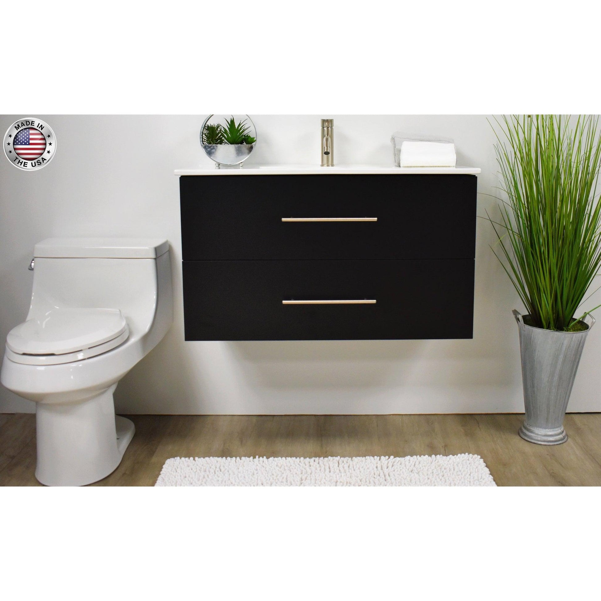 Volpa USA Napa 36" Black Wall-Mounted Floating Modern Bathroom Vanity With Integrated Ceramic Top and Satin Nickel Round Handles
