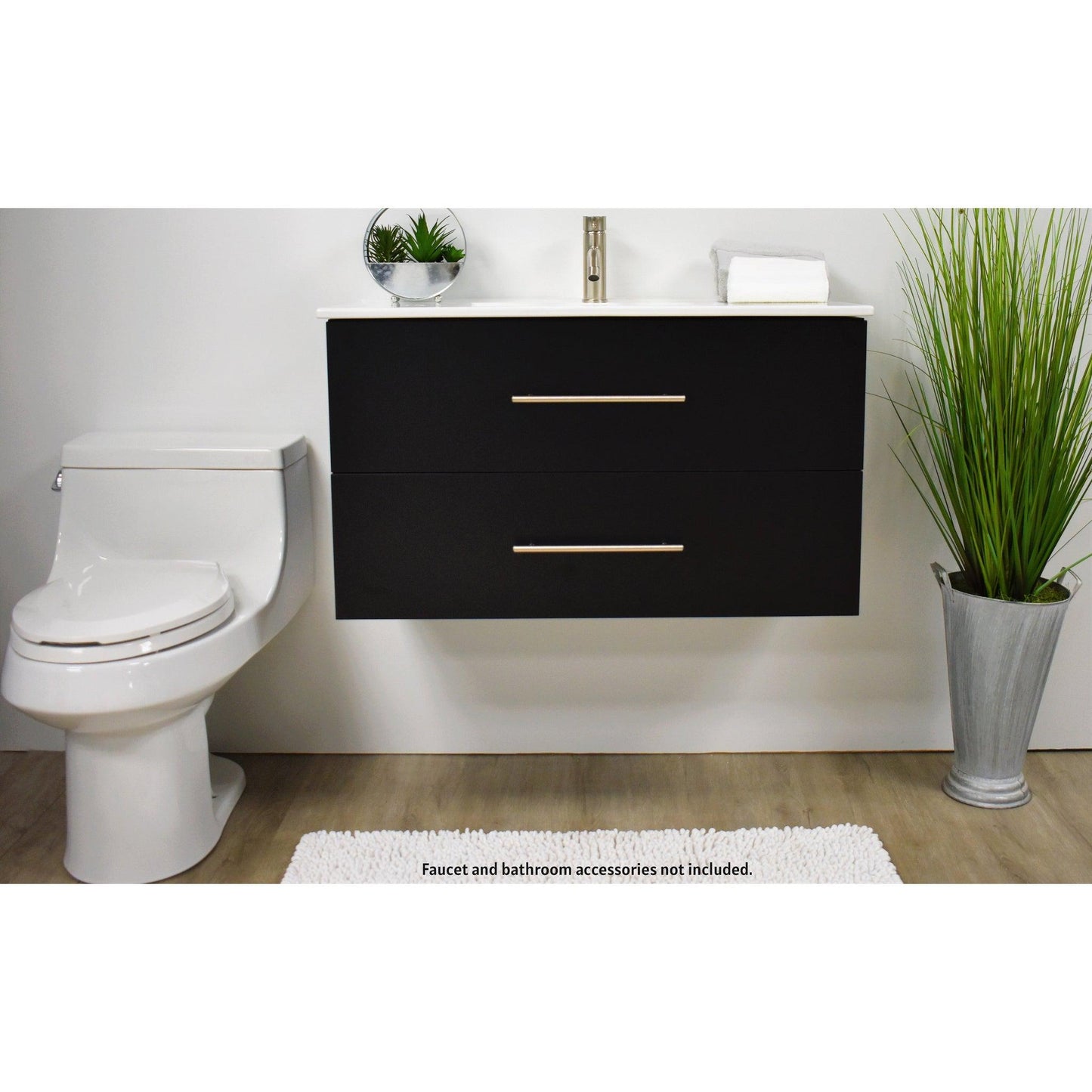 Volpa USA Napa 36" Black Wall-Mounted Floating Modern Bathroom Vanity With Integrated Ceramic Top and Satin Nickel Round Handles