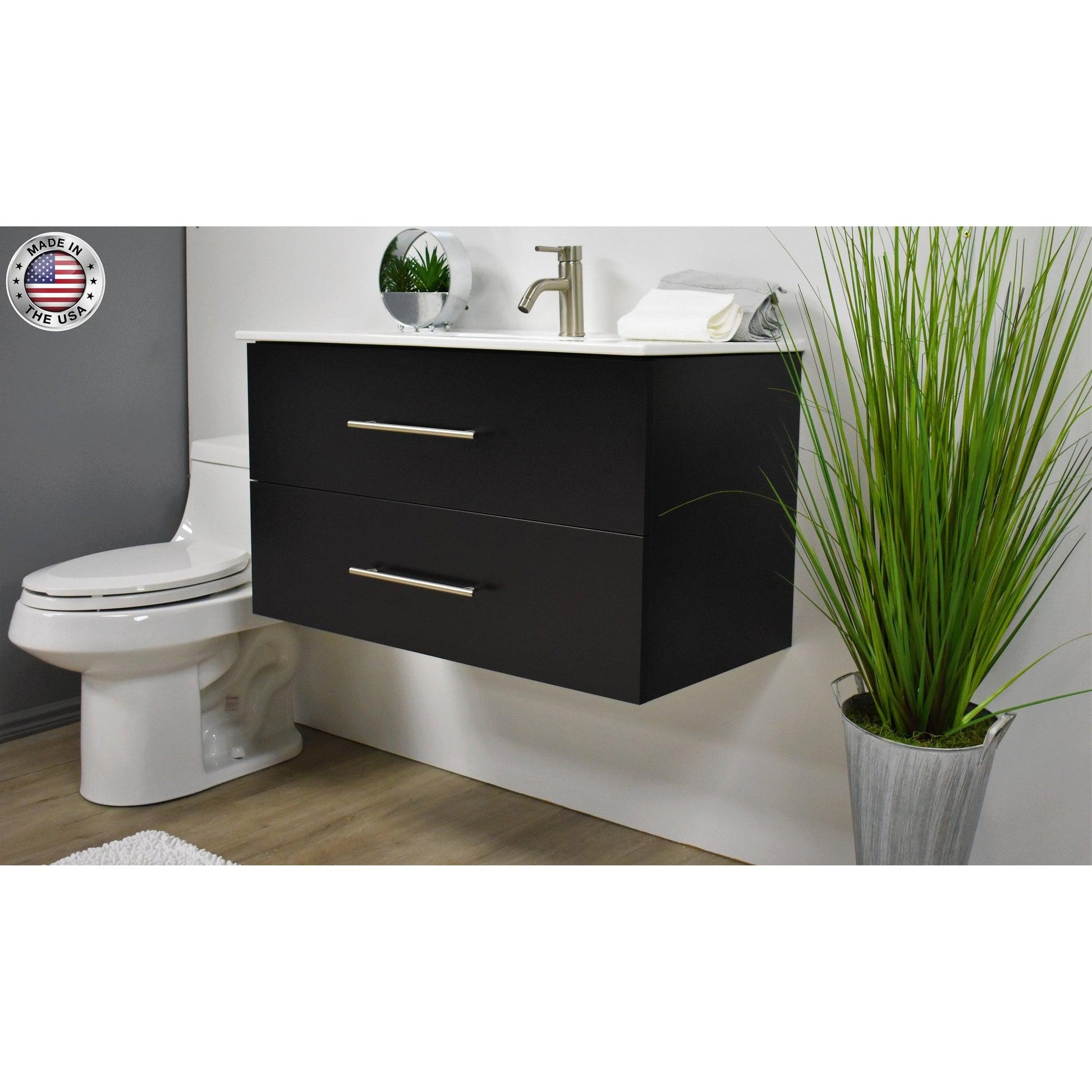 Volpa USA Napa 36" Black Wall-Mounted Floating Modern Bathroom Vanity With Integrated Ceramic Top and Satin Nickel Round Handles