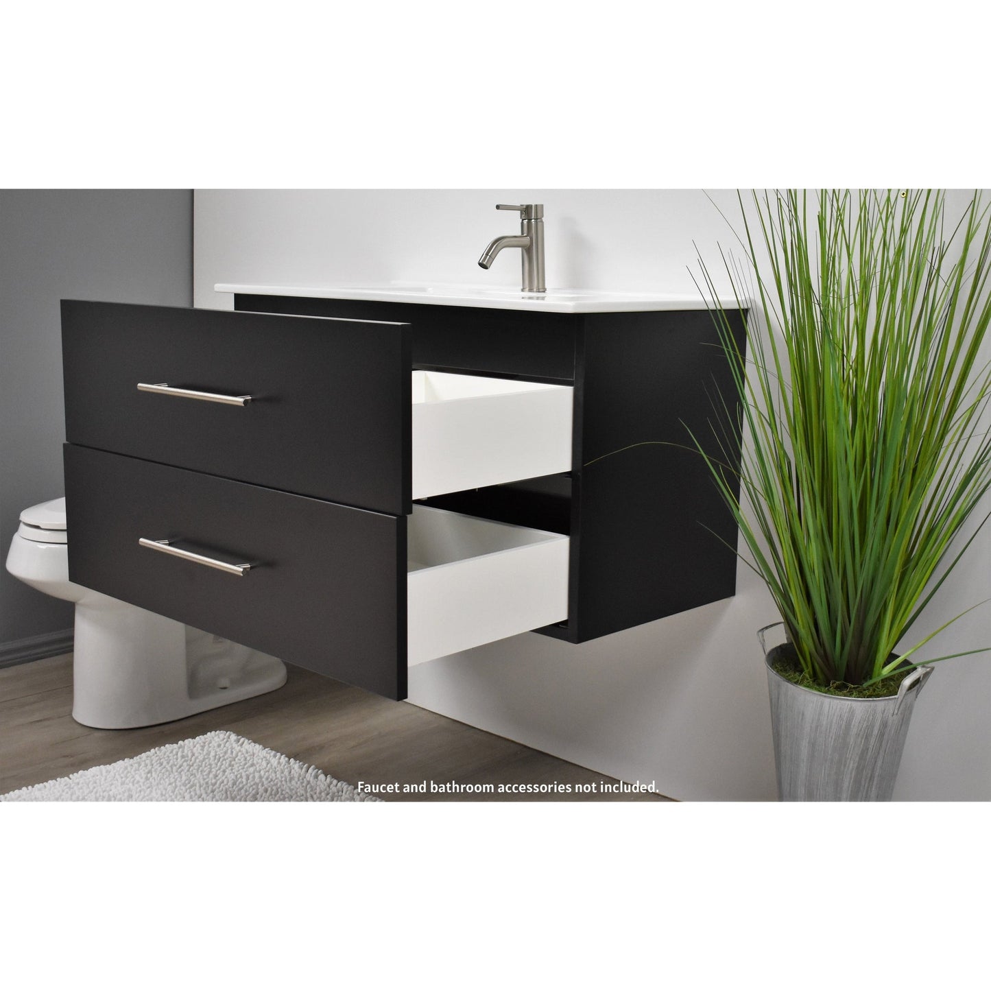 Volpa USA Napa 36" Black Wall-Mounted Floating Modern Bathroom Vanity With Integrated Ceramic Top and Satin Nickel Round Handles