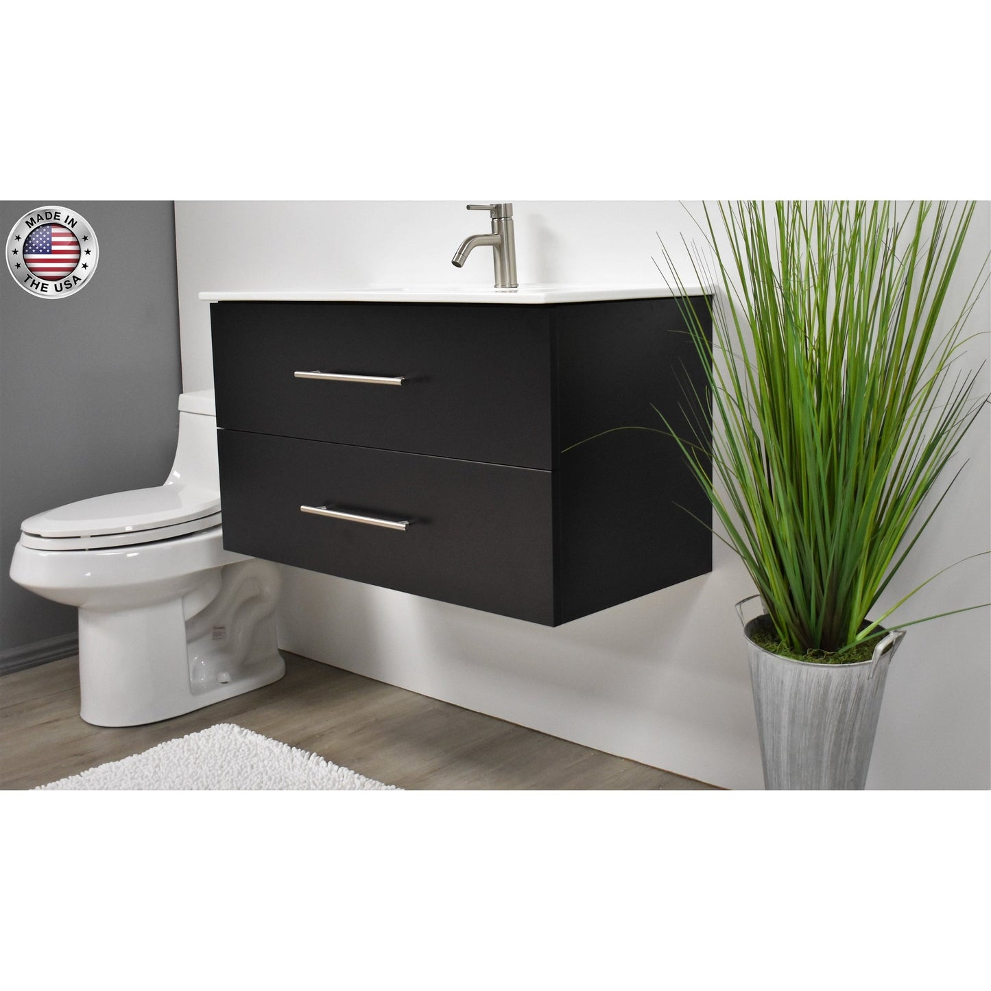 Volpa USA Napa 36" Black Wall-Mounted Floating Modern Bathroom Vanity With Integrated Ceramic Top and Satin Nickel Round Handles