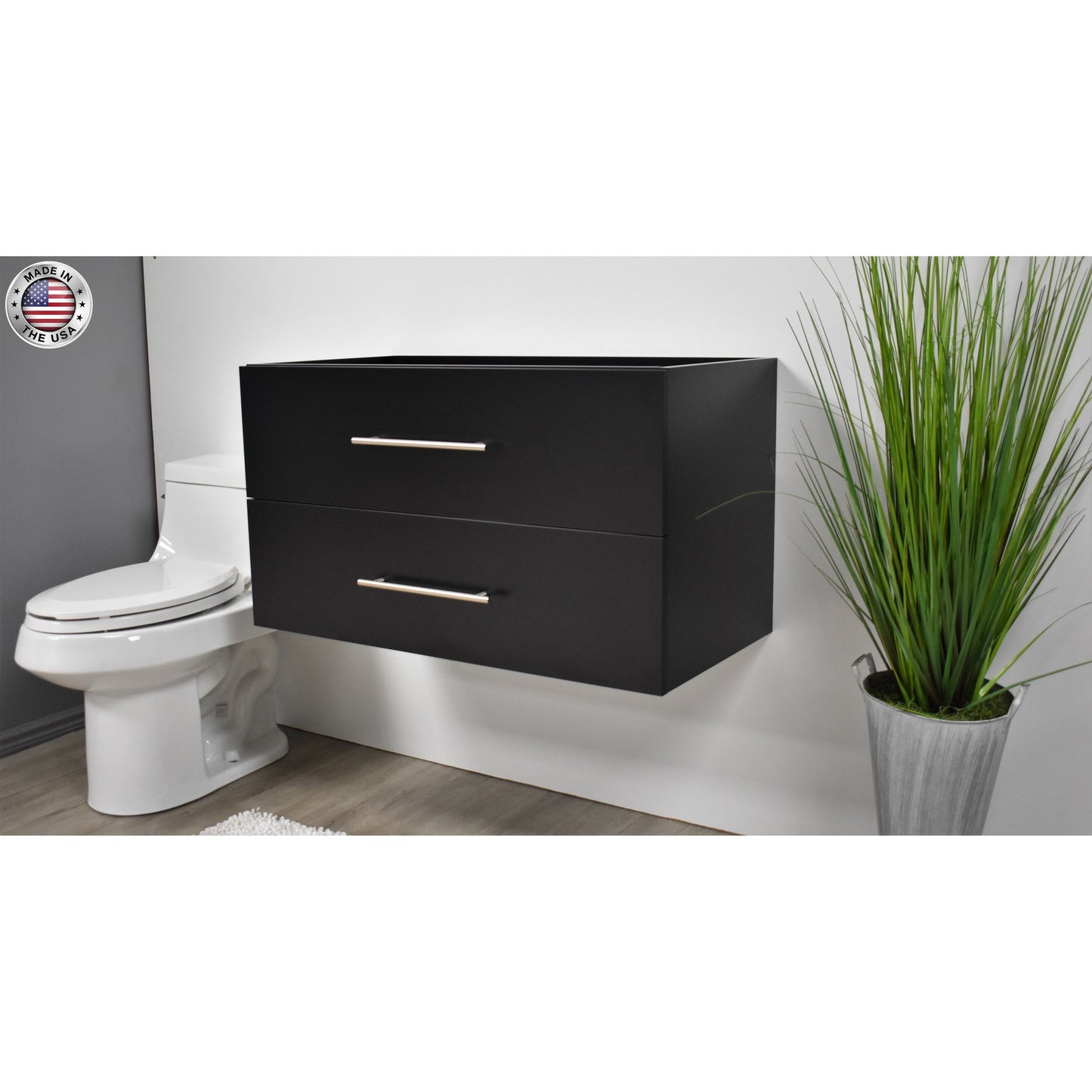 Volpa USA Napa 36" Black Wall-Mounted Floating Modern Bathroom Vanity With Satin Nickel Round Handles