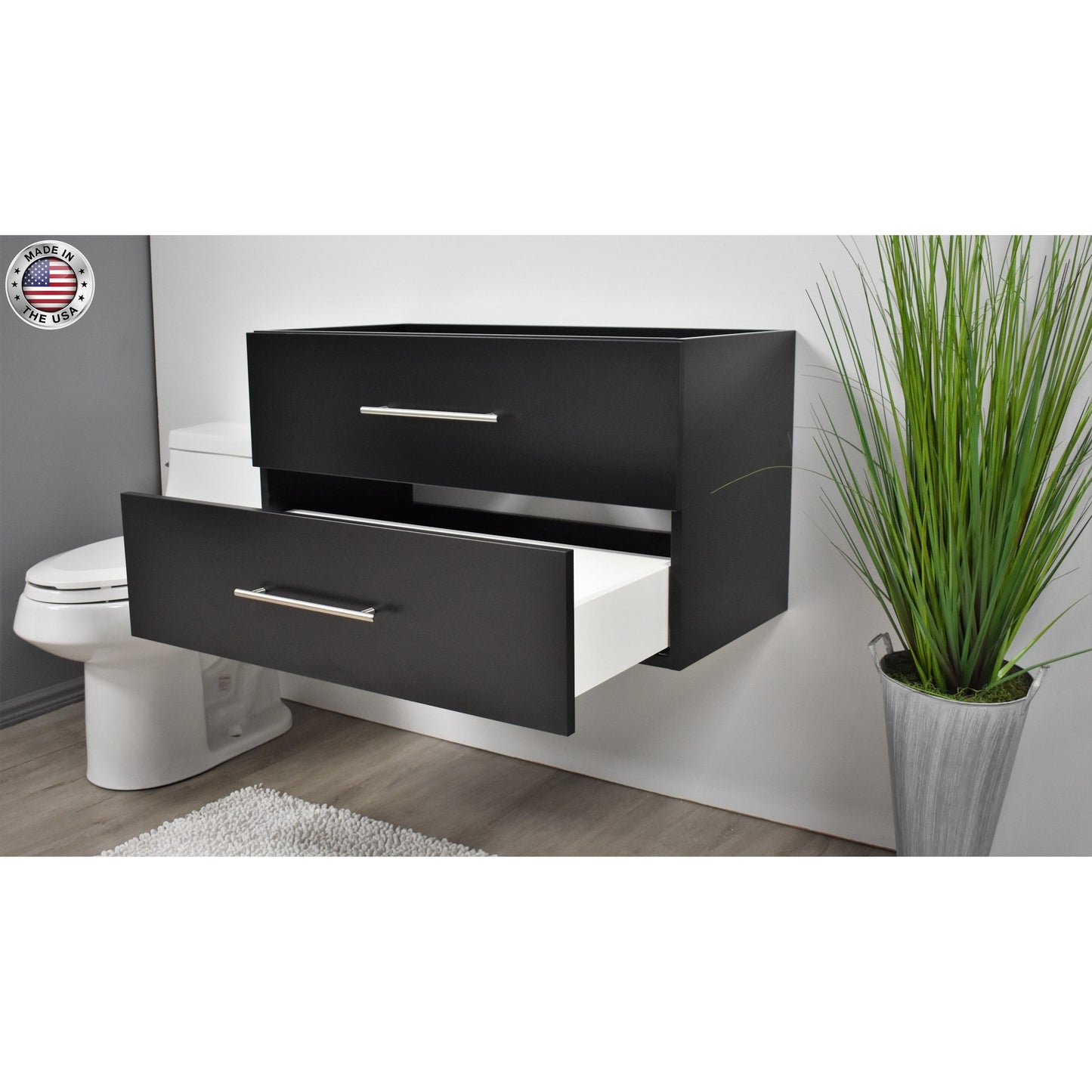 Volpa USA Napa 36" Black Wall-Mounted Floating Modern Bathroom Vanity With Satin Nickel Round Handles