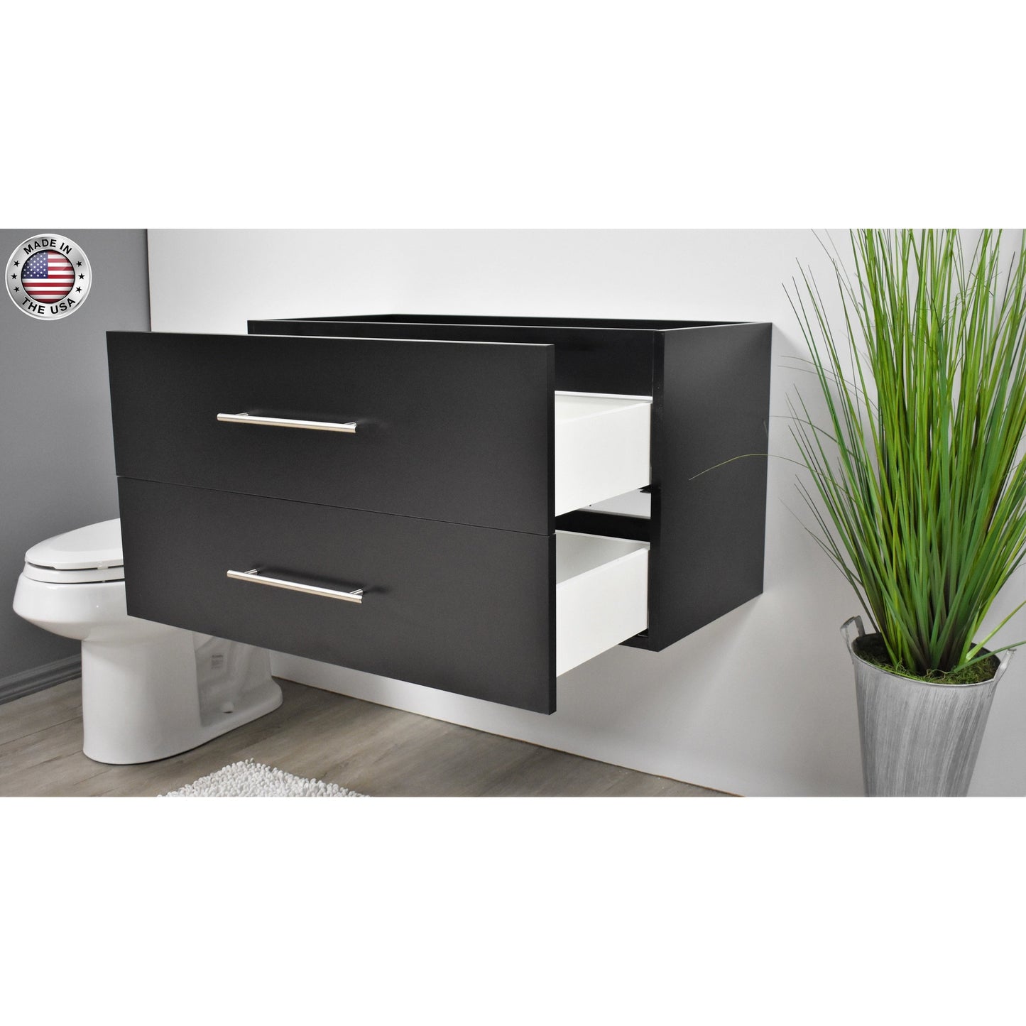 Volpa USA Napa 36" Black Wall-Mounted Floating Modern Bathroom Vanity With Satin Nickel Round Handles