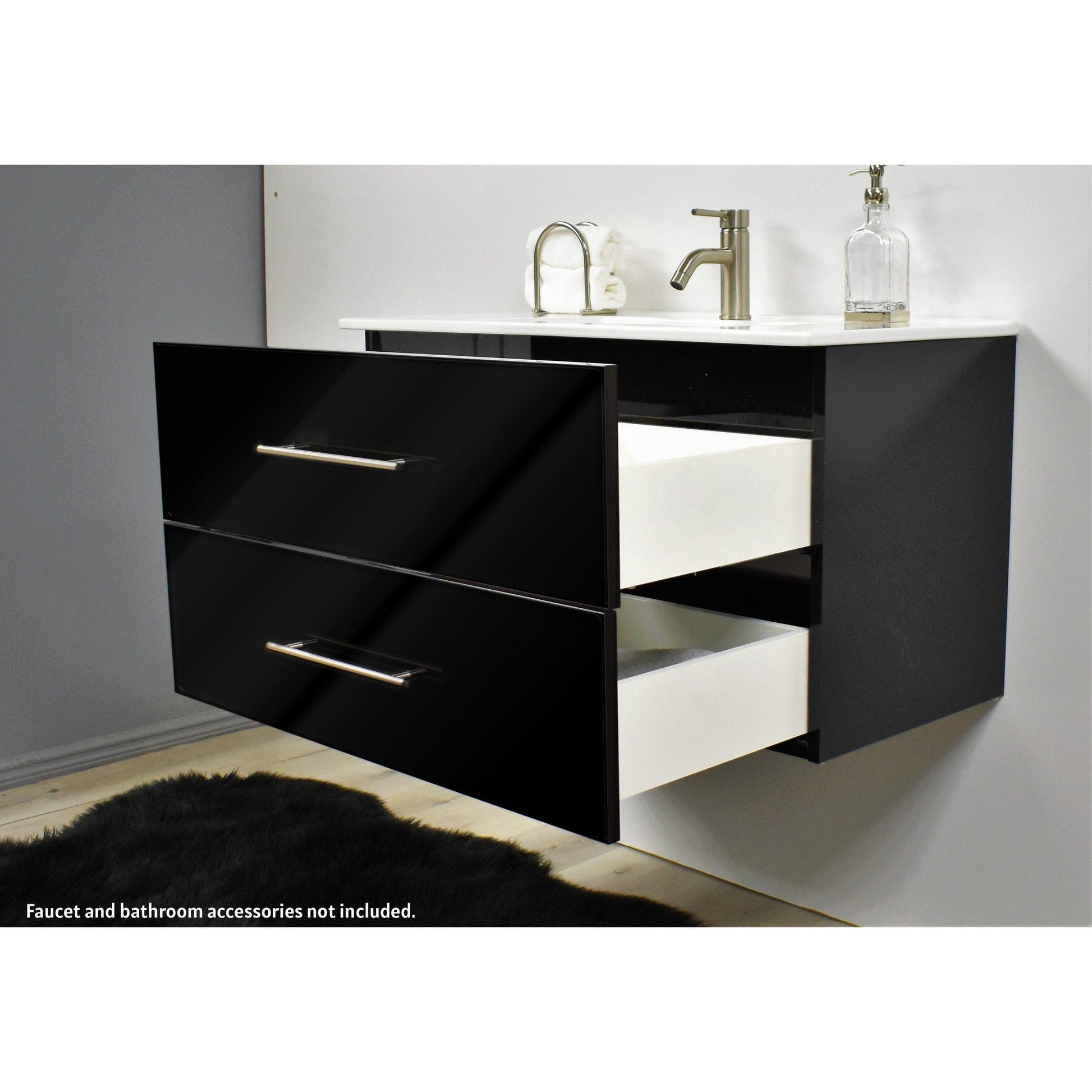 Volpa USA Napa 36" Glossy Black Wall-Mounted Floating Modern Bathroom Vanity With Integrated Ceramic Top and Satin Nickel Round Handles