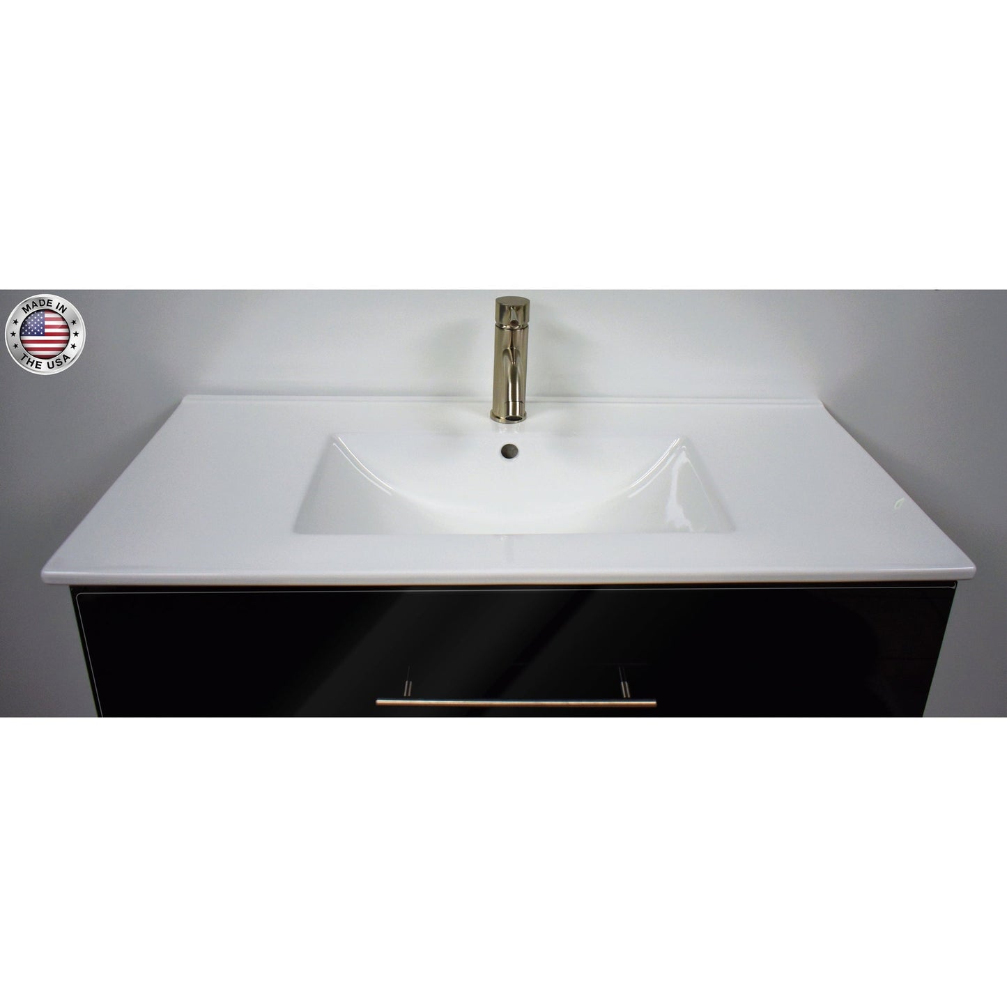 Volpa USA Napa 36" Glossy Black Wall-Mounted Floating Modern Bathroom Vanity With Integrated Ceramic Top and Satin Nickel Round Handles