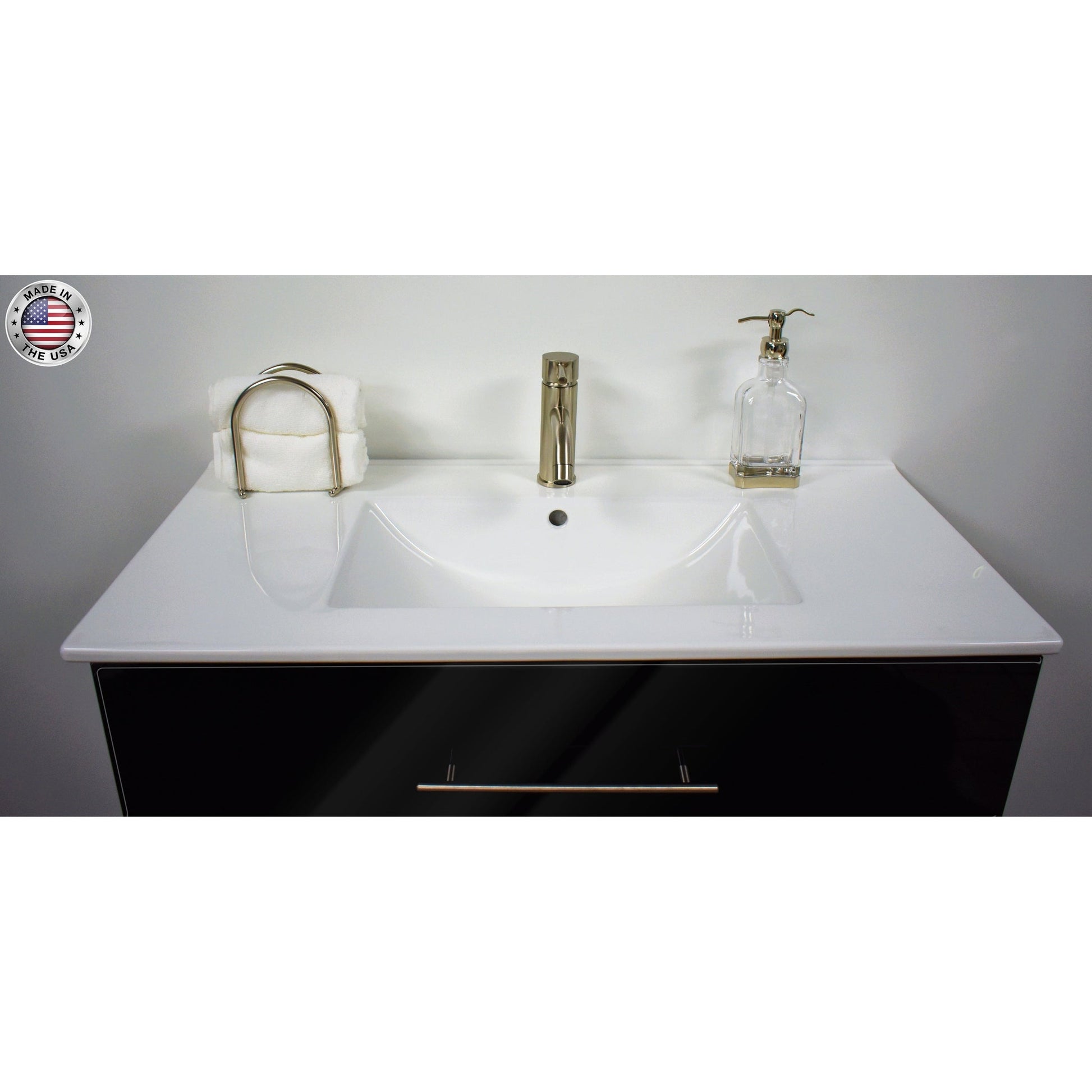 Volpa USA Napa 36" Glossy Black Wall-Mounted Floating Modern Bathroom Vanity With Integrated Ceramic Top and Satin Nickel Round Handles