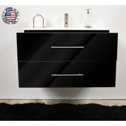 Volpa USA Napa 36" Glossy Black Wall-Mounted Floating Modern Bathroom Vanity With Integrated Ceramic Top and Satin Nickel Round Handles