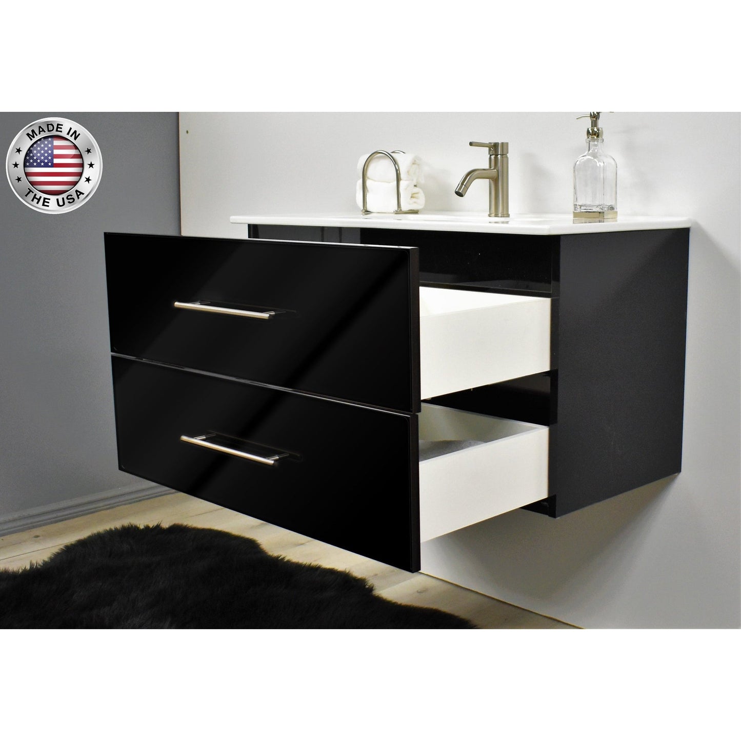 Volpa USA Napa 36" Glossy Black Wall-Mounted Floating Modern Bathroom Vanity With Integrated Ceramic Top and Satin Nickel Round Handles