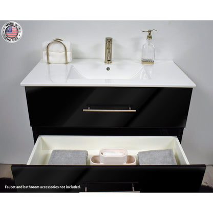 Volpa USA Napa 36" Glossy Black Wall-Mounted Floating Modern Bathroom Vanity With Integrated Ceramic Top and Satin Nickel Round Handles