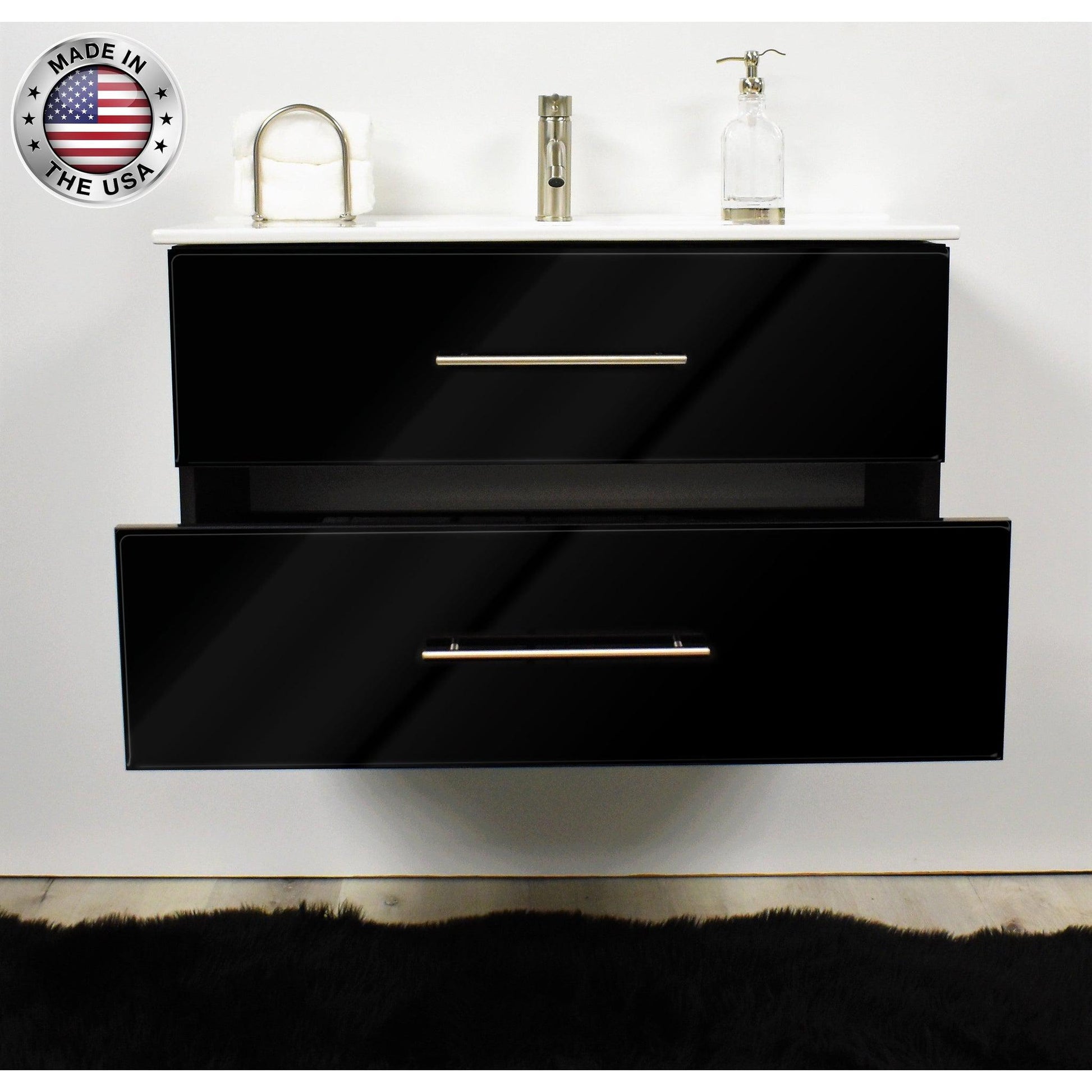 Volpa USA Napa 36" Glossy Black Wall-Mounted Floating Modern Bathroom Vanity With Integrated Ceramic Top and Satin Nickel Round Handles