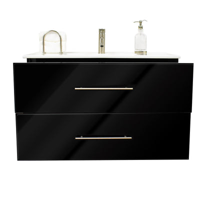 Volpa USA Napa 36" Glossy Black Wall-Mounted Floating Modern Bathroom Vanity With Integrated Ceramic Top and Satin Nickel Round Handles