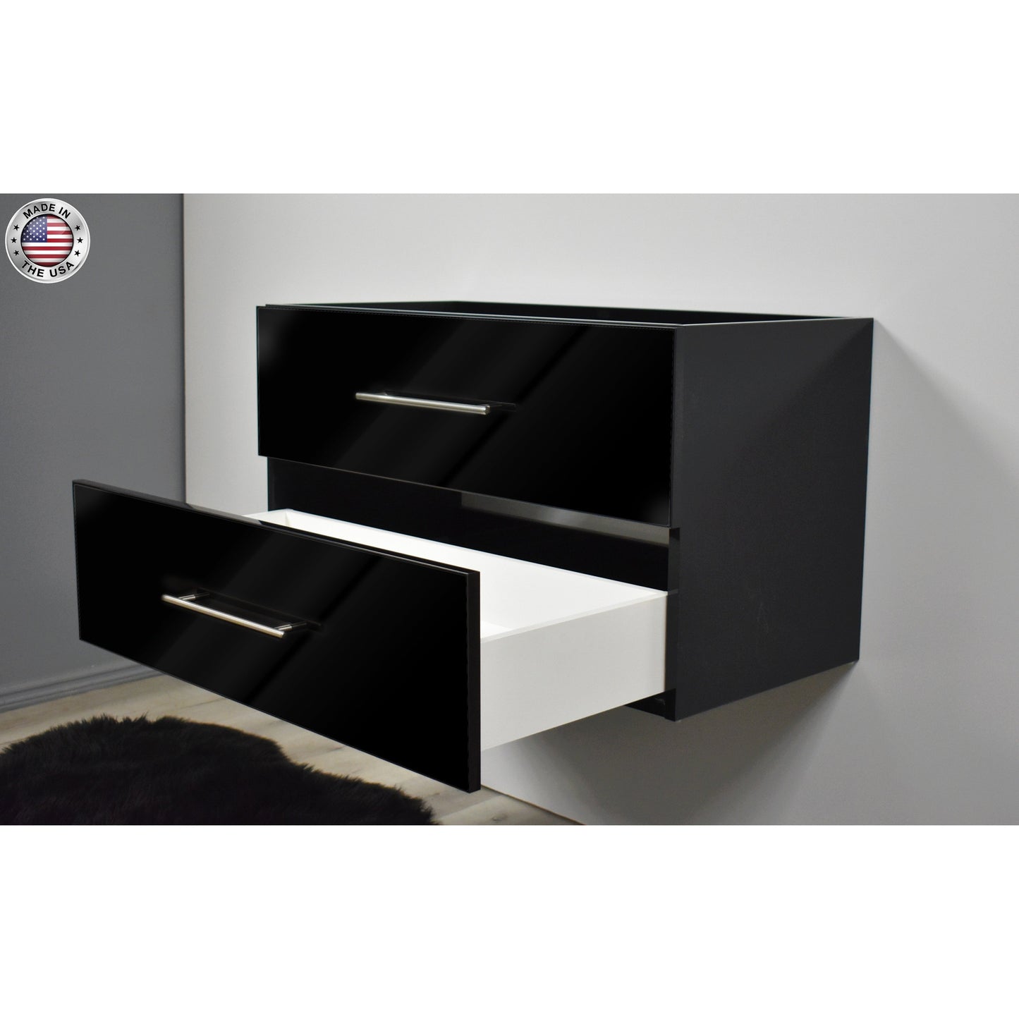 Volpa USA Napa 36" Glossy Black Wall-Mounted Floating Modern Bathroom Vanity With Satin Nickel Round Handles