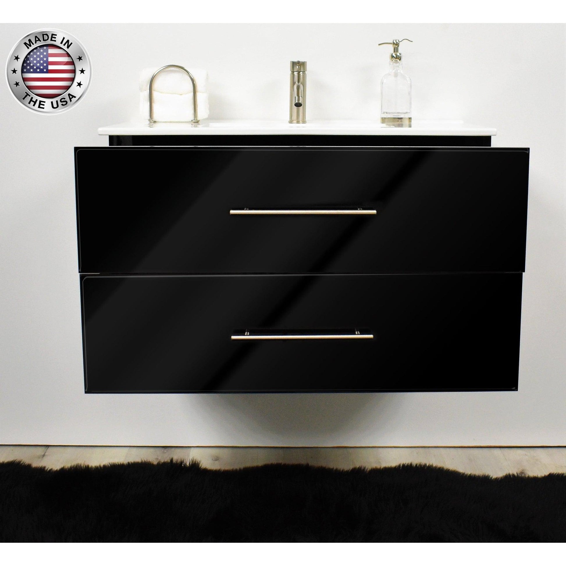 Volpa USA Napa 36" Glossy Black Wall-Mounted Floating Modern Bathroom Vanity With Satin Nickel Round Handles