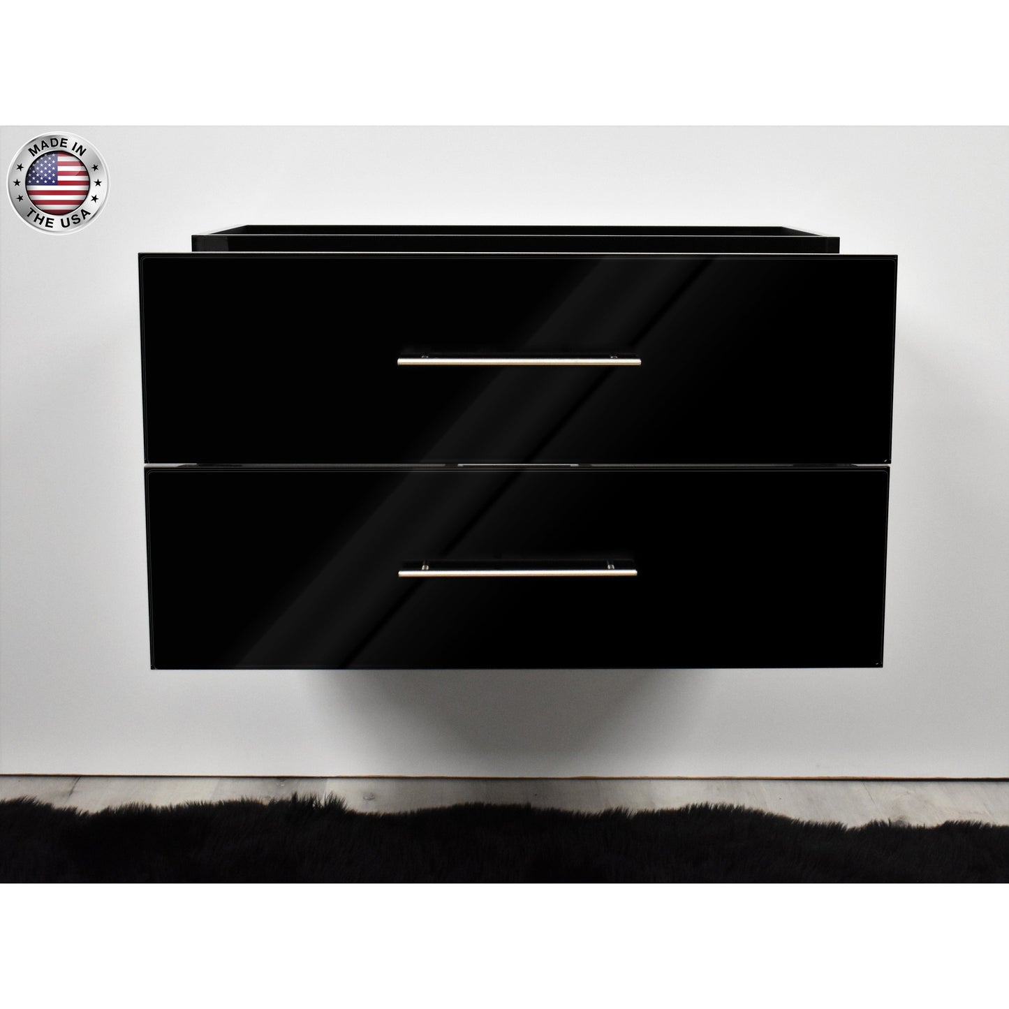 Volpa USA Napa 36" Glossy Black Wall-Mounted Floating Modern Bathroom Vanity With Satin Nickel Round Handles