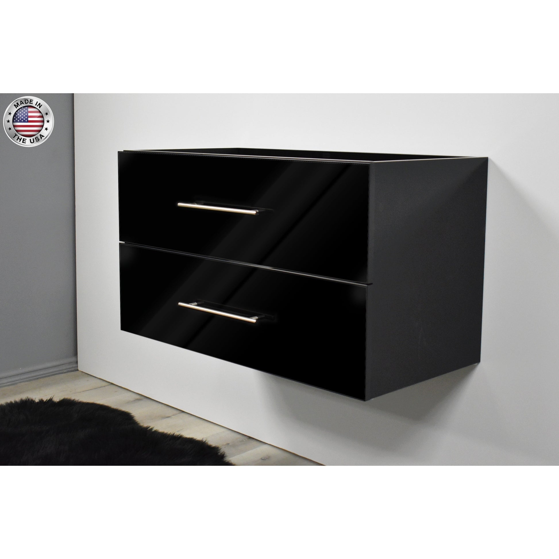 Volpa USA Napa 36" Glossy Black Wall-Mounted Floating Modern Bathroom Vanity With Satin Nickel Round Handles