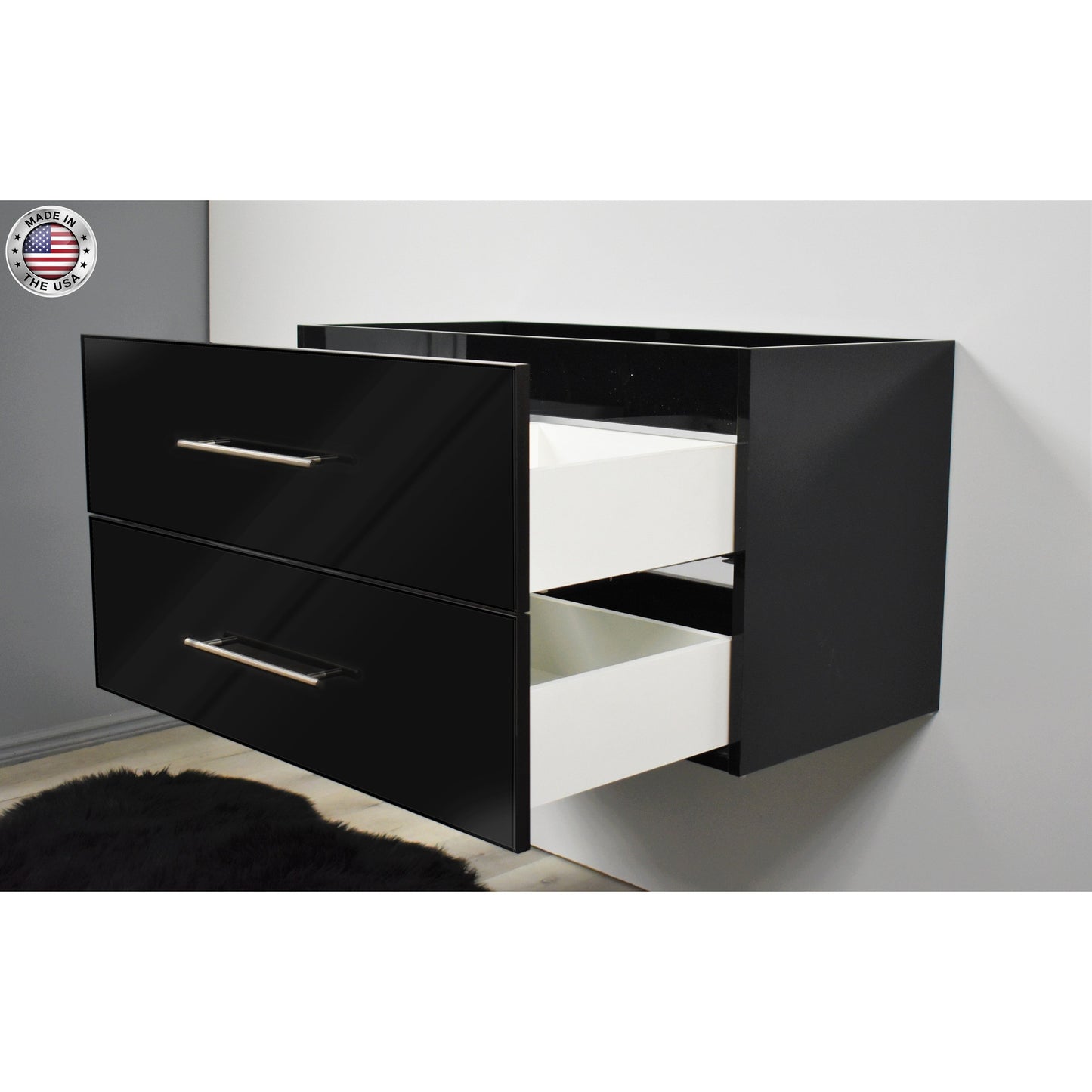 Volpa USA Napa 36" Glossy Black Wall-Mounted Floating Modern Bathroom Vanity With Satin Nickel Round Handles