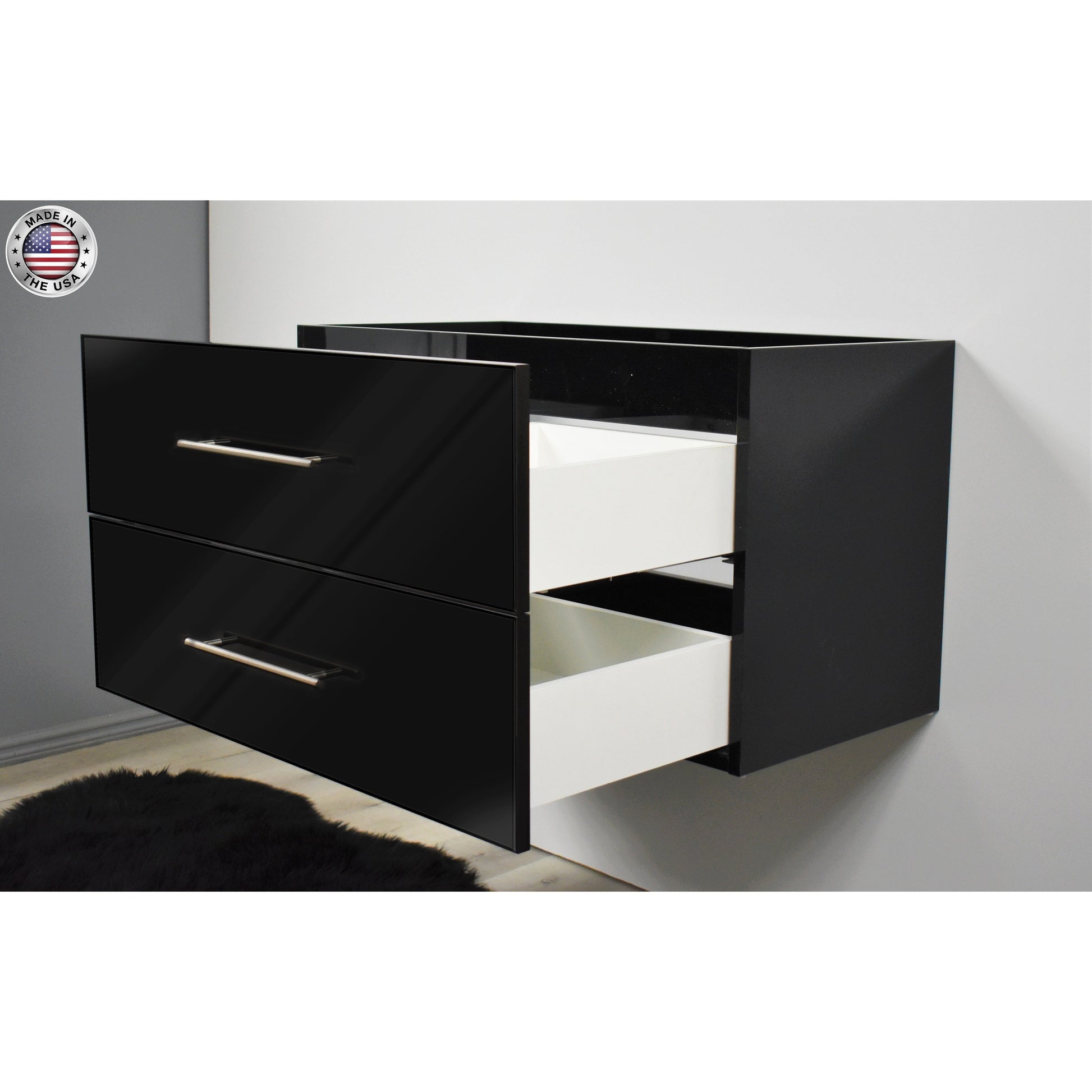 Volpa USA Napa 36" Glossy Black Wall-Mounted Floating Modern Bathroom Vanity With Satin Nickel Round Handles