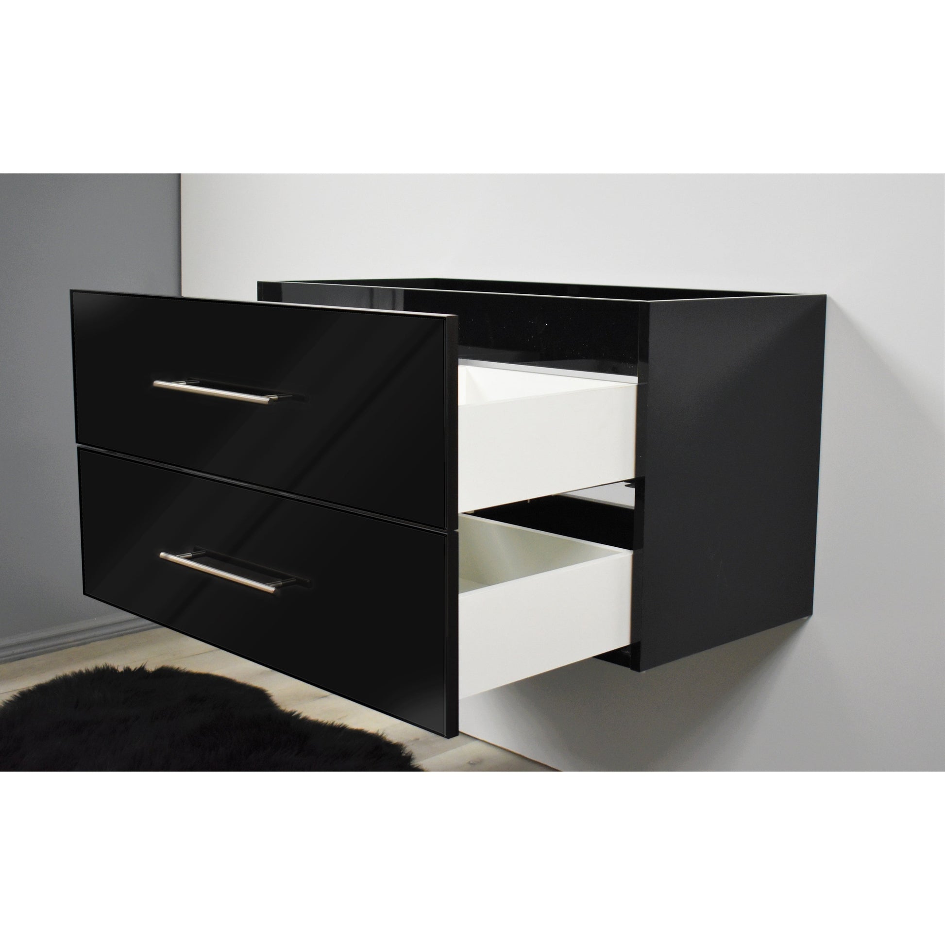 Volpa USA Napa 36" Glossy Black Wall-Mounted Floating Modern Bathroom Vanity With Satin Nickel Round Handles