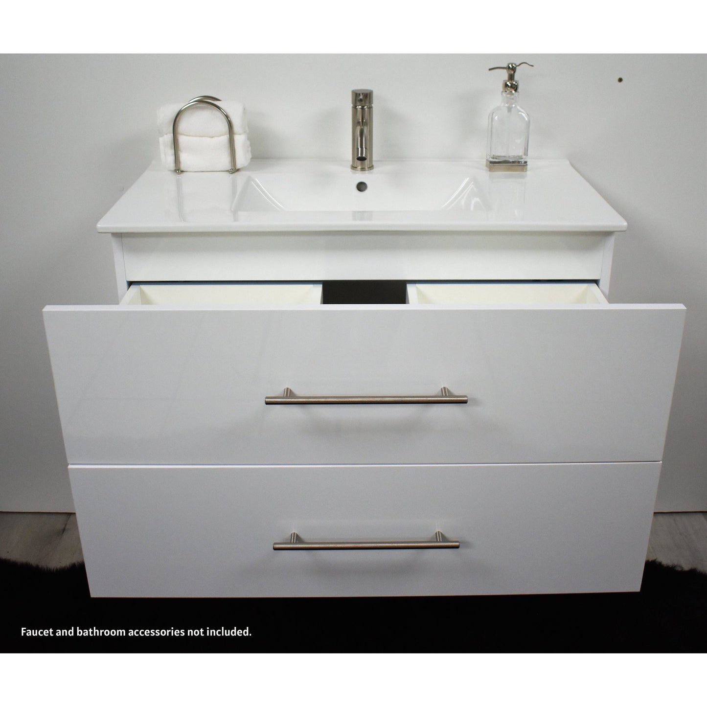 Volpa USA Napa 36" Glossy White Wall-Mounted Floating Modern Bathroom Vanity With Integrated Ceramic Top and Satin Nickel Round Handles