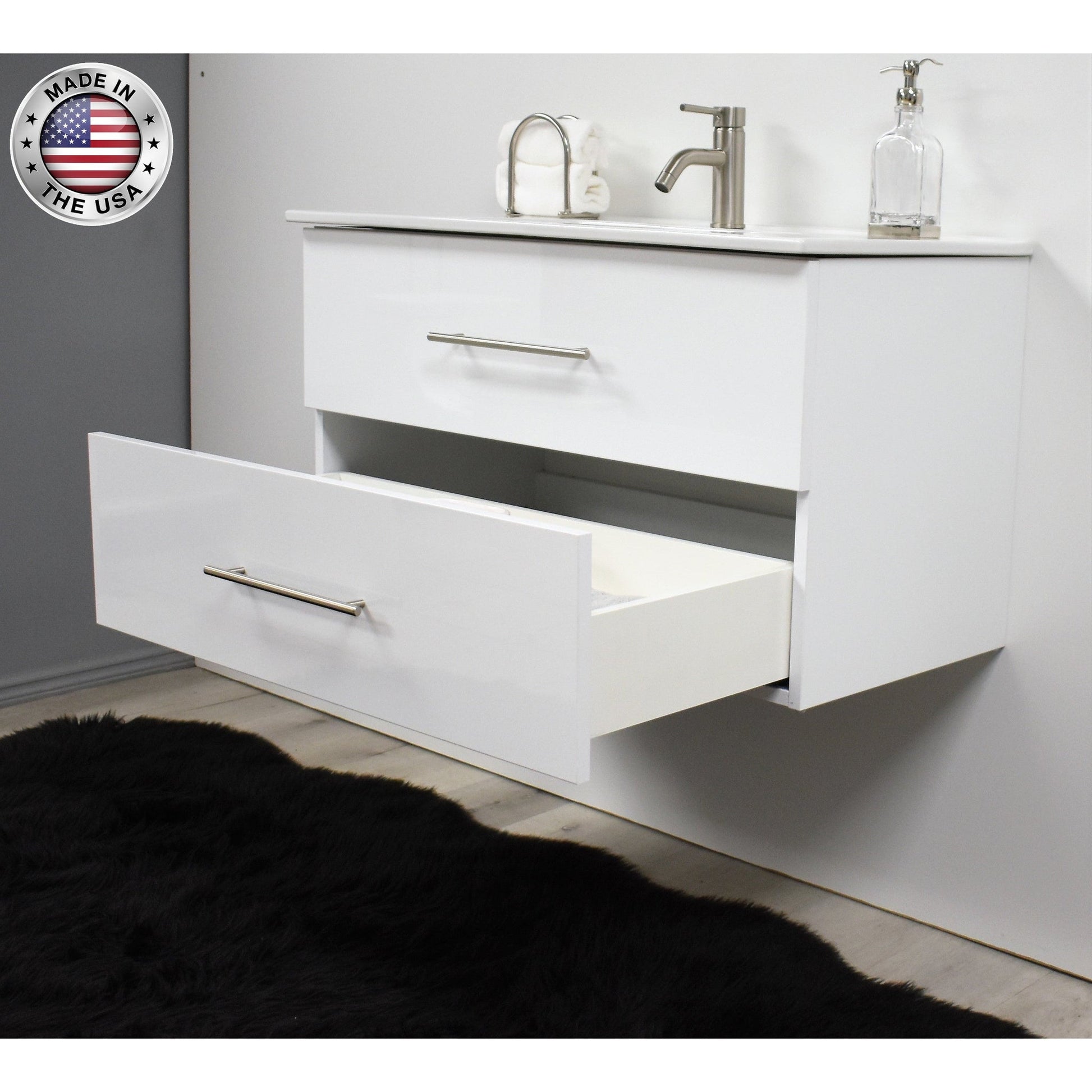 Volpa USA Napa 36" Glossy White Wall-Mounted Floating Modern Bathroom Vanity With Integrated Ceramic Top and Satin Nickel Round Handles