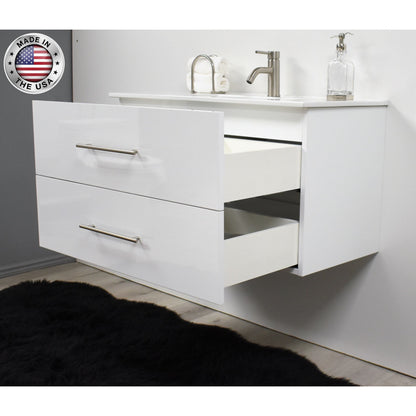 Volpa USA Napa 36" Glossy White Wall-Mounted Floating Modern Bathroom Vanity With Integrated Ceramic Top and Satin Nickel Round Handles