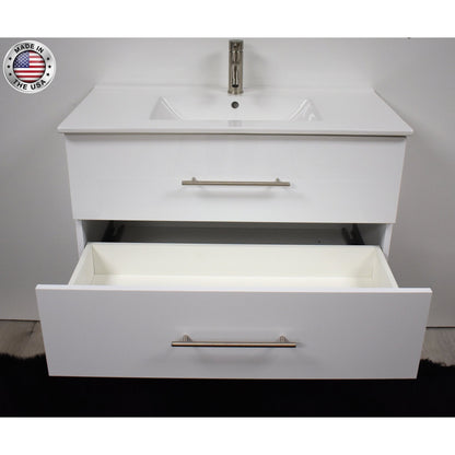 Volpa USA Napa 36" Glossy White Wall-Mounted Floating Modern Bathroom Vanity With Integrated Ceramic Top and Satin Nickel Round Handles