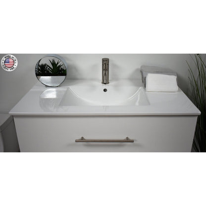 Volpa USA Napa 36" Glossy White Wall-Mounted Floating Modern Bathroom Vanity With Integrated Ceramic Top and Satin Nickel Round Handles