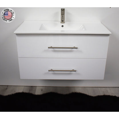 Volpa USA Napa 36" Glossy White Wall-Mounted Floating Modern Bathroom Vanity With Integrated Ceramic Top and Satin Nickel Round Handles