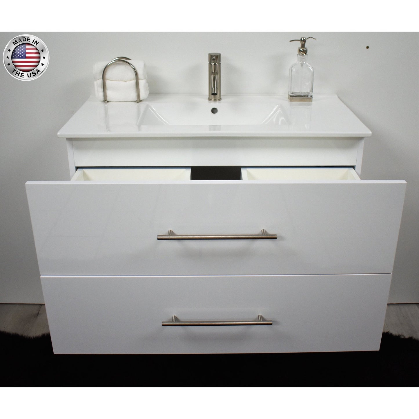 Volpa USA Napa 36" Glossy White Wall-Mounted Floating Modern Bathroom Vanity With Integrated Ceramic Top and Satin Nickel Round Handles