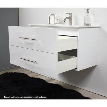 Volpa USA Napa 36" Glossy White Wall-Mounted Floating Modern Bathroom Vanity With Integrated Ceramic Top and Satin Nickel Round Handles