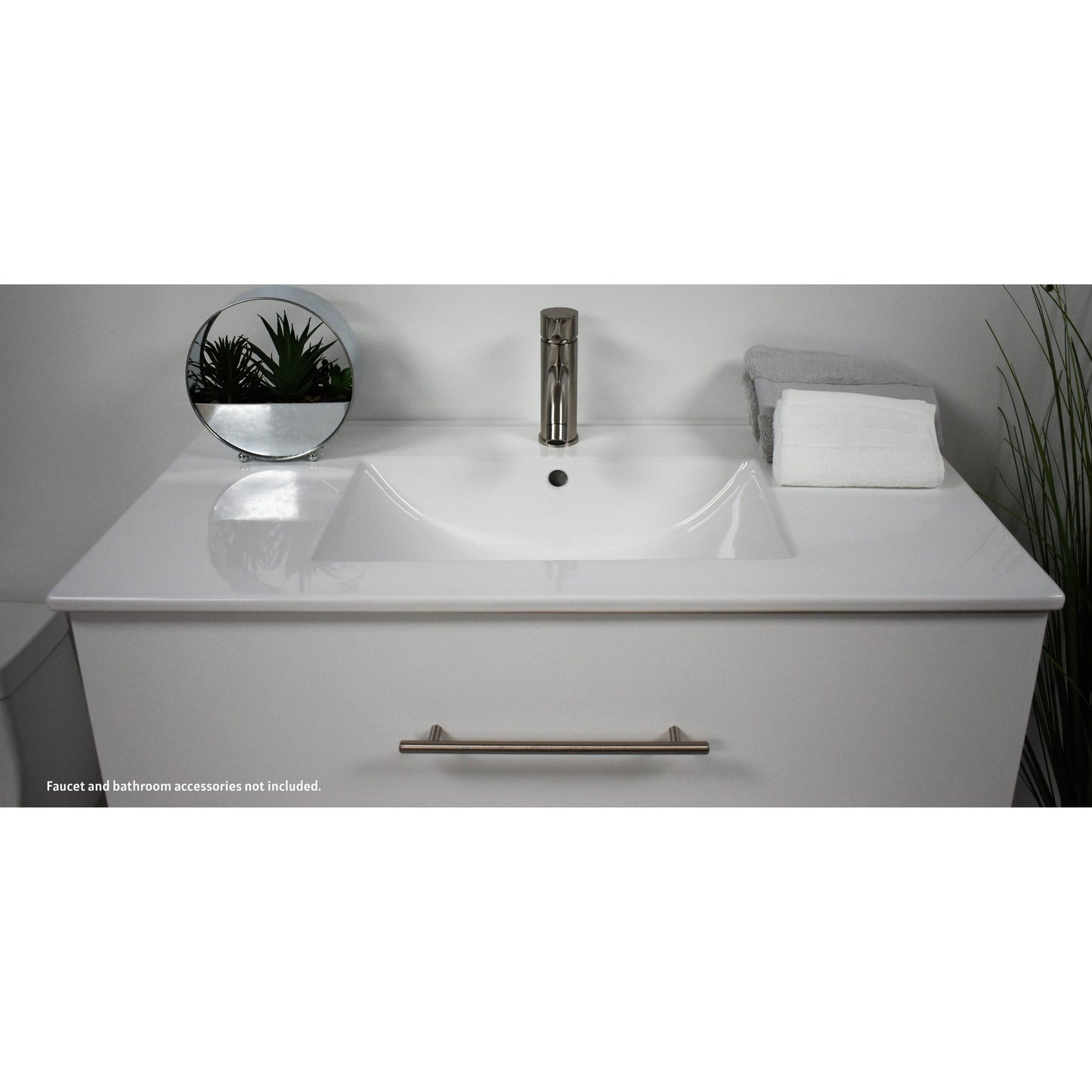 Volpa USA Napa 36" Glossy White Wall-Mounted Floating Modern Bathroom Vanity With Integrated Ceramic Top and Satin Nickel Round Handles