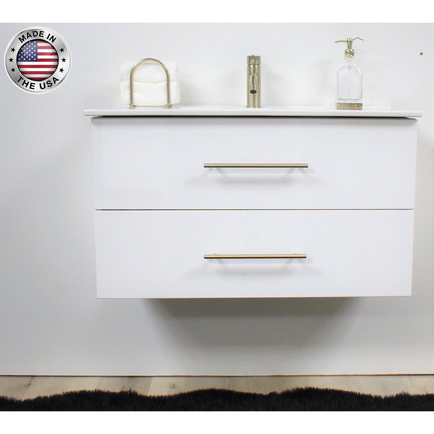 Volpa USA Napa 36" Glossy White Wall-Mounted Floating Modern Bathroom Vanity With Integrated Ceramic Top and Satin Nickel Round Handles