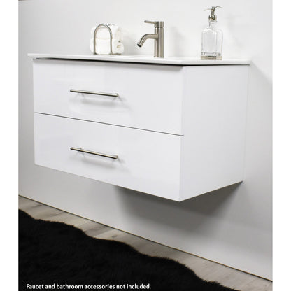 Volpa USA Napa 36" Glossy White Wall-Mounted Floating Modern Bathroom Vanity With Integrated Ceramic Top and Satin Nickel Round Handles