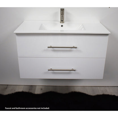 Volpa USA Napa 36" Glossy White Wall-Mounted Floating Modern Bathroom Vanity With Integrated Ceramic Top and Satin Nickel Round Handles