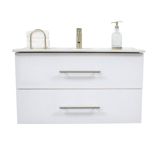 Volpa USA Napa 36" Glossy White Wall-Mounted Floating Modern Bathroom Vanity With Integrated Ceramic Top and Satin Nickel Round Handles