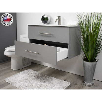 Volpa USA Napa 36" Grey Wall-Mounted Floating Modern Bathroom Vanity With Integrated Ceramic Top and Satin Nickel Round Handles