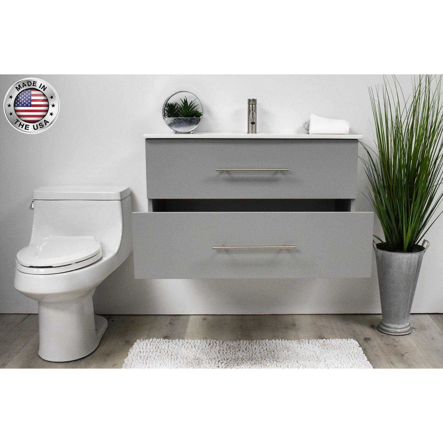 Volpa USA Napa 36" Grey Wall-Mounted Floating Modern Bathroom Vanity With Integrated Ceramic Top and Satin Nickel Round Handles