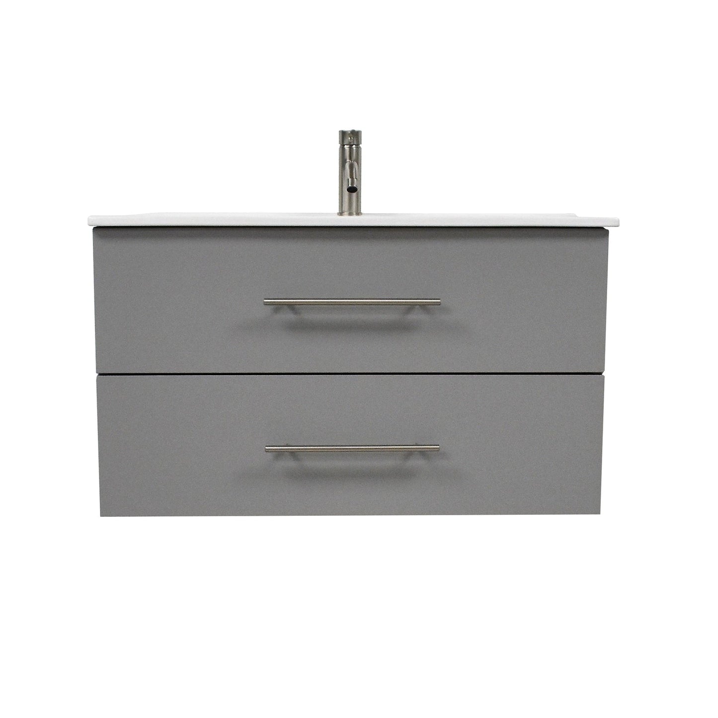 Volpa USA Napa 36" Grey Wall-Mounted Floating Modern Bathroom Vanity With Integrated Ceramic Top and Satin Nickel Round Handles