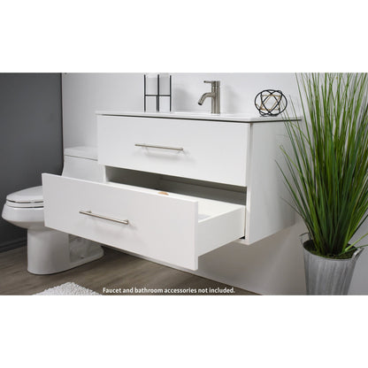 Volpa USA Napa 36" White Wall-Mounted Floating Modern Bathroom Vanity With Integrated Ceramic Top and Satin Nickel Round Handles