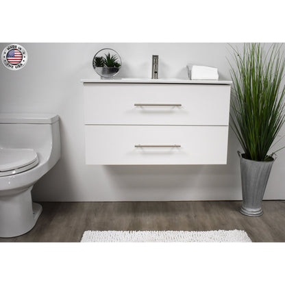 Volpa USA Napa 36" White Wall-Mounted Floating Modern Bathroom Vanity With Integrated Ceramic Top and Satin Nickel Round Handles