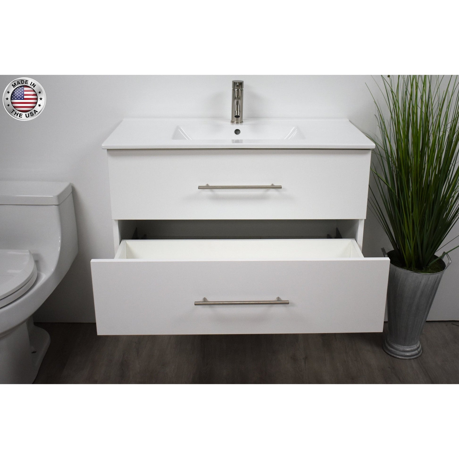 Volpa USA Napa 36" White Wall-Mounted Floating Modern Bathroom Vanity With Integrated Ceramic Top and Satin Nickel Round Handles