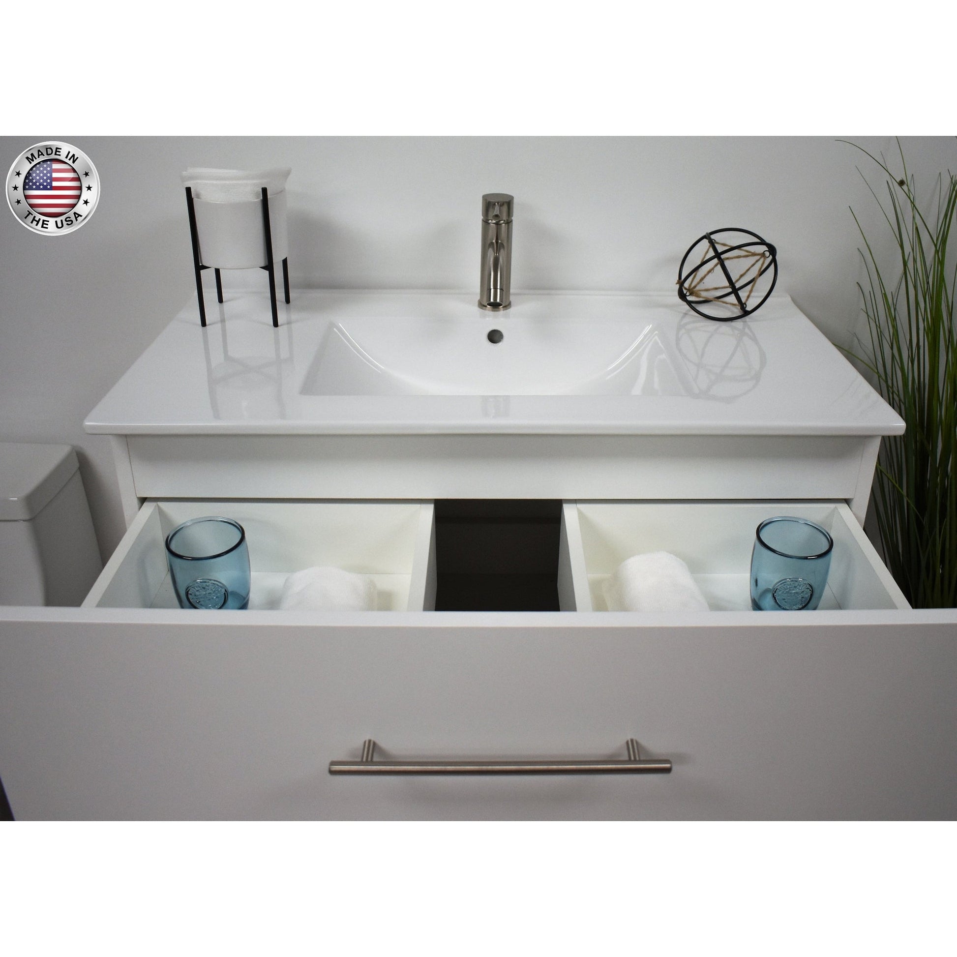 Volpa USA Napa 36" White Wall-Mounted Floating Modern Bathroom Vanity With Integrated Ceramic Top and Satin Nickel Round Handles