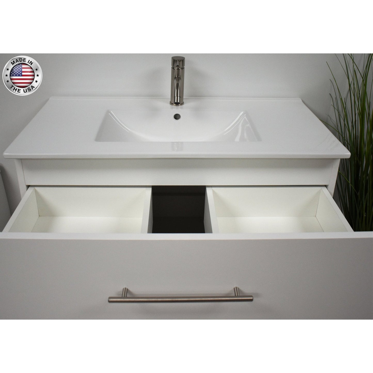 Volpa USA Napa 36" White Wall-Mounted Floating Modern Bathroom Vanity With Integrated Ceramic Top and Satin Nickel Round Handles