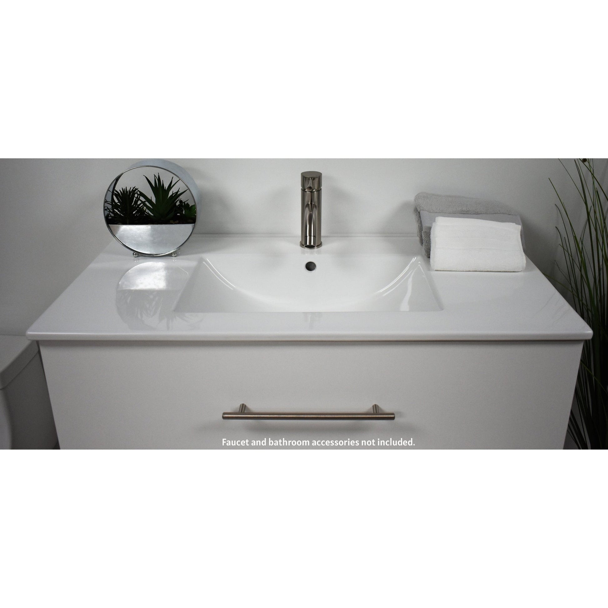 Volpa USA Napa 36" White Wall-Mounted Floating Modern Bathroom Vanity With Integrated Ceramic Top and Satin Nickel Round Handles