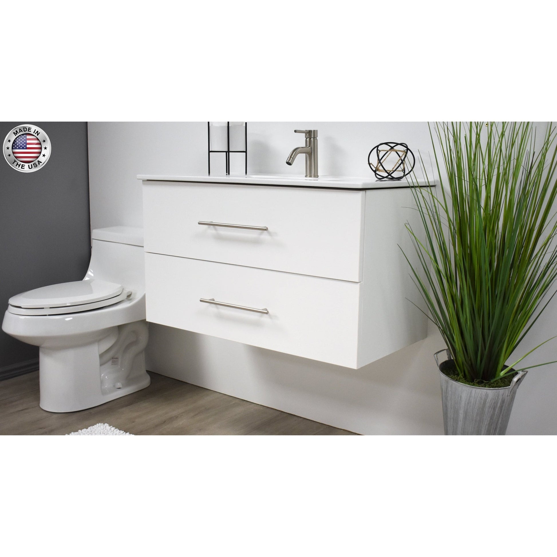 Volpa USA Napa 36" White Wall-Mounted Floating Modern Bathroom Vanity With Integrated Ceramic Top and Satin Nickel Round Handles