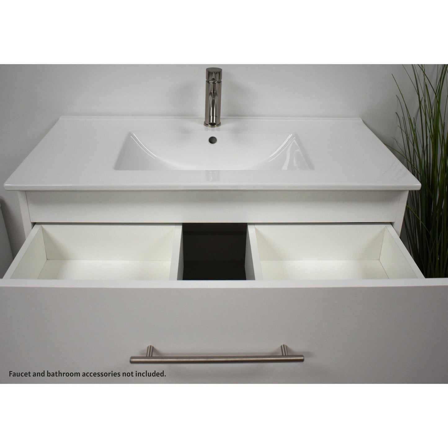 Volpa USA Napa 36" White Wall-Mounted Floating Modern Bathroom Vanity With Integrated Ceramic Top and Satin Nickel Round Handles